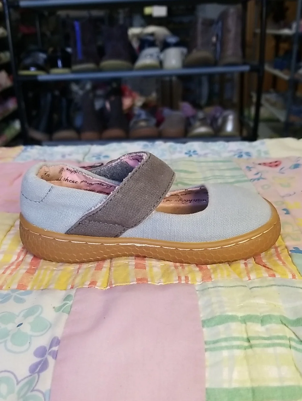 Livie & Luca Light Blue Canvas Mary Janes w/Gray Strap & Wood Buttons 5 Carta